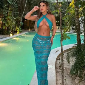 Blue Knitted Beach Outfits Women Sexy Halter Backless Crop Top and Maxi Skirt Sets Summer Solid Bikini Cover Up Two Piece Set