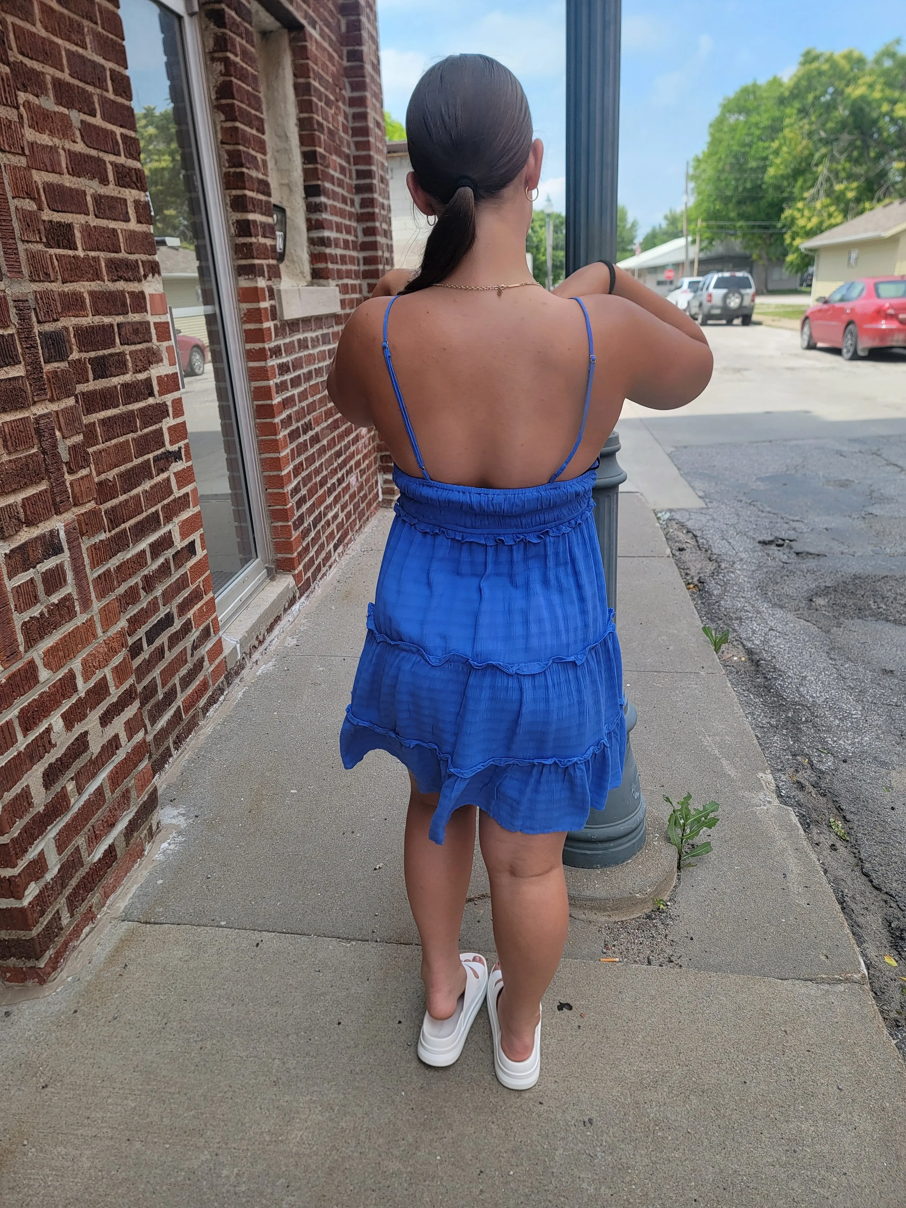 Blue V-Neck Mini Flared Backless Dress