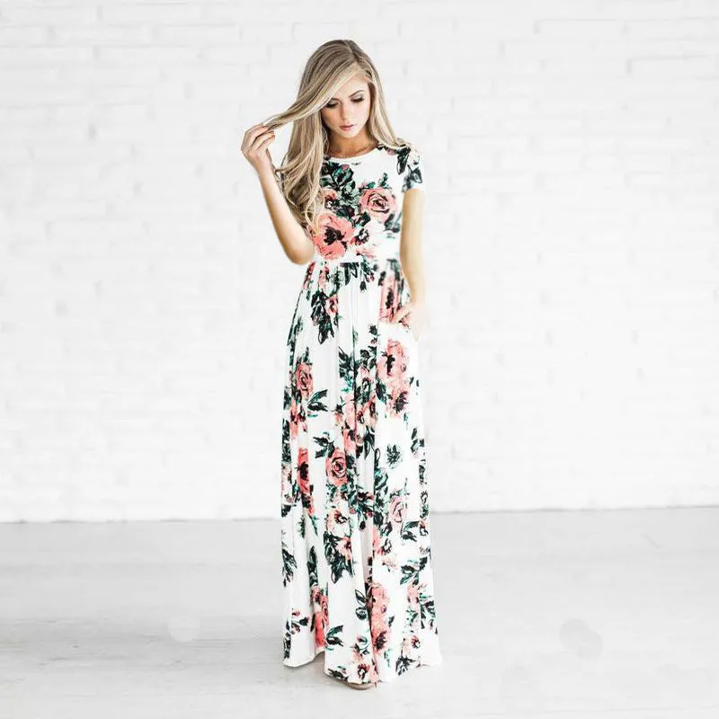 Boho Beach Maxi-Dress Vestidos Floral-Print Evening-Party Female White Plus-Size Women Summer