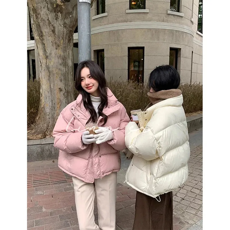 Bonnyshow Short Parkas Women Streetwear Cropped Down Coat Korean Sweet Puffer Jacket Winter Solid Casual All Match Cotton Padded Outwear