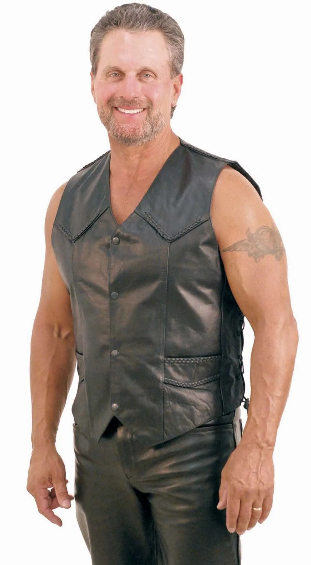 Braid Trim Black Side Lace Men's Leather Vest #VM101BK ()