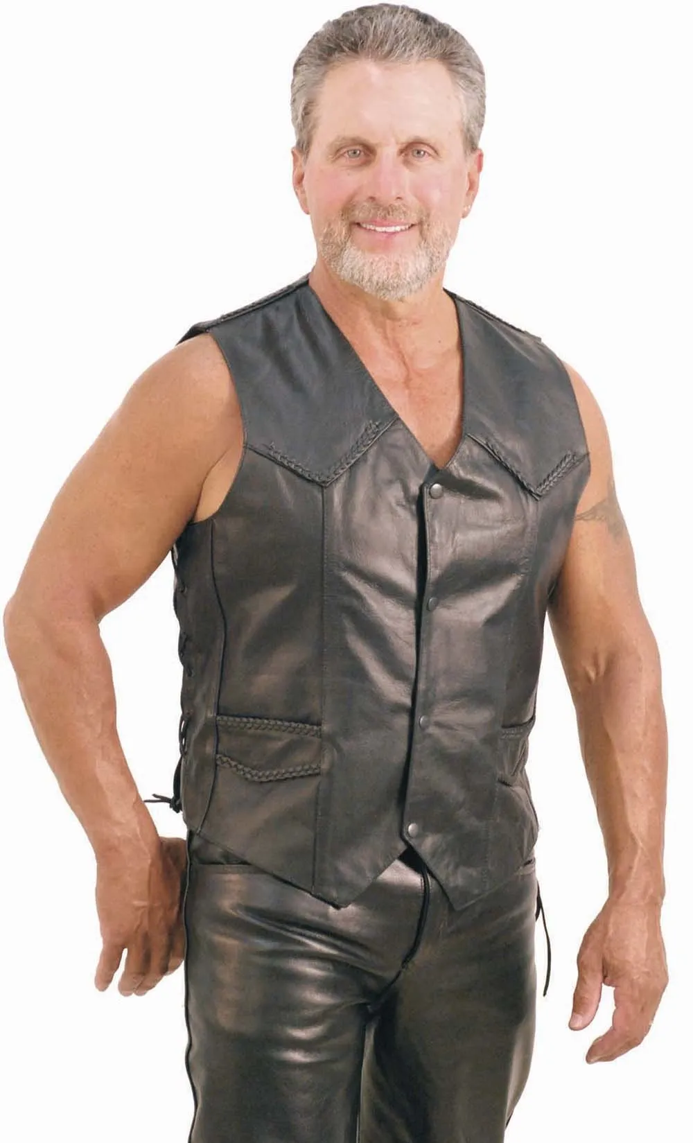 Braid Trim Black Side Lace Men's Leather Vest #VM101BK ()