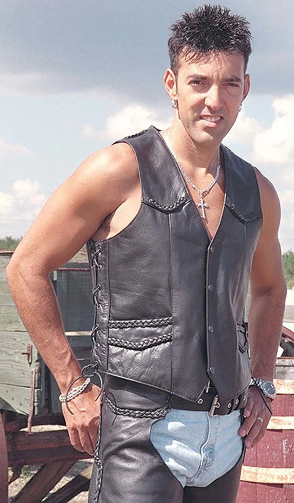 Braid Trim Black Side Lace Men's Leather Vest #VM101BK ()