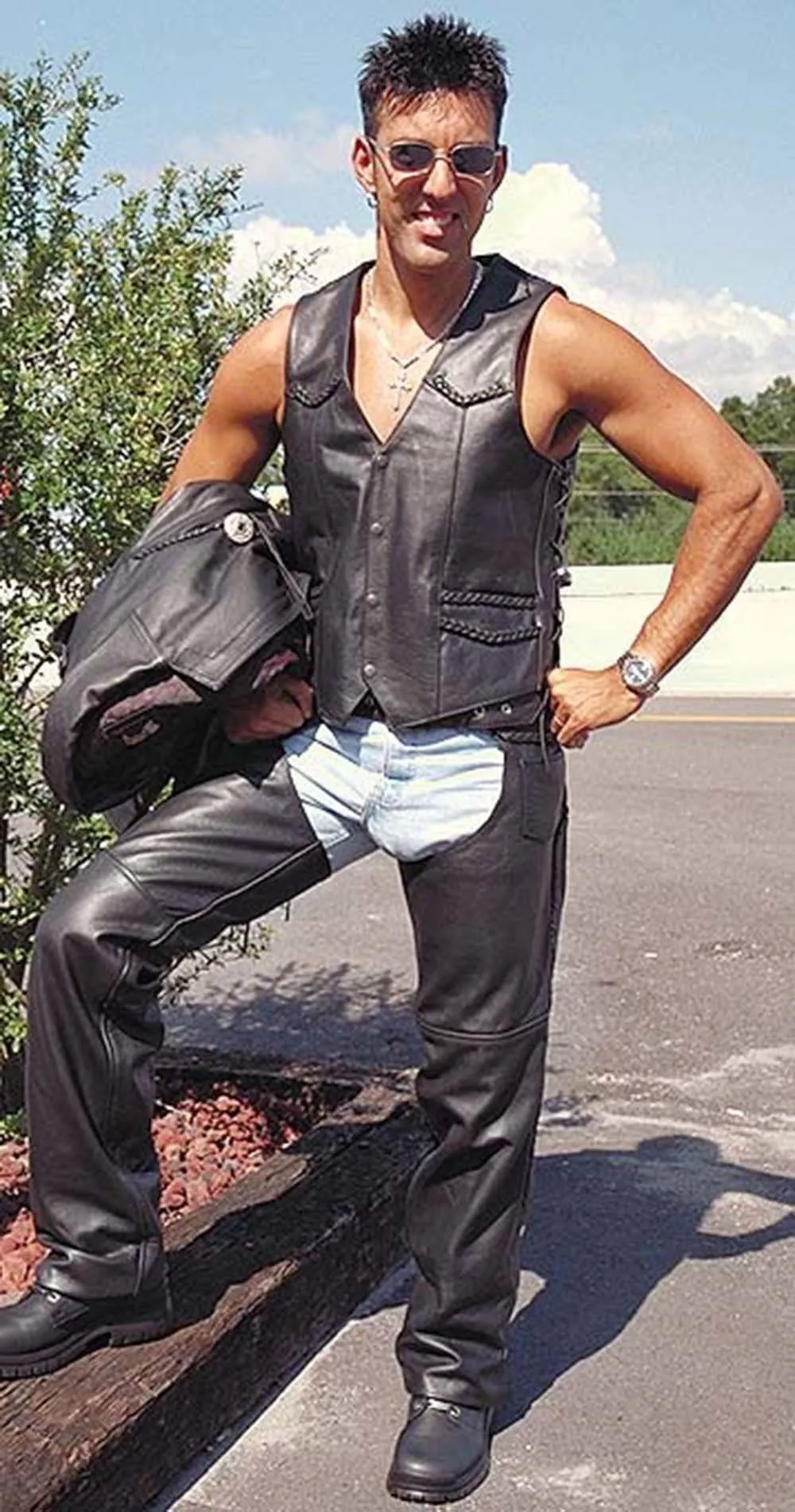 Braid Trim Black Side Lace Men's Leather Vest #VM101BK ()