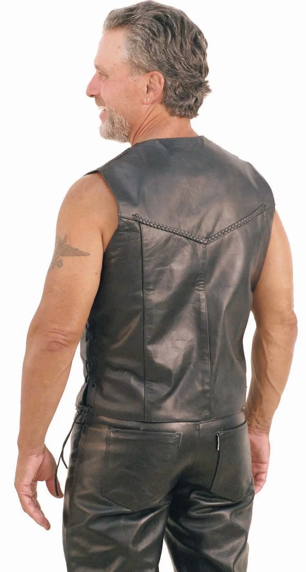 Braid Trim Black Side Lace Men's Leather Vest #VM101BK ()