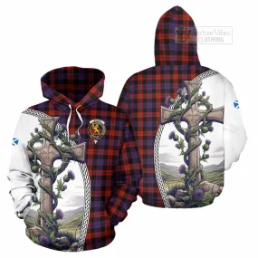 Brown (Broun) Tartan Hoodie with Family Crest and St. Andrew's Cross Accented by Thistle Vines