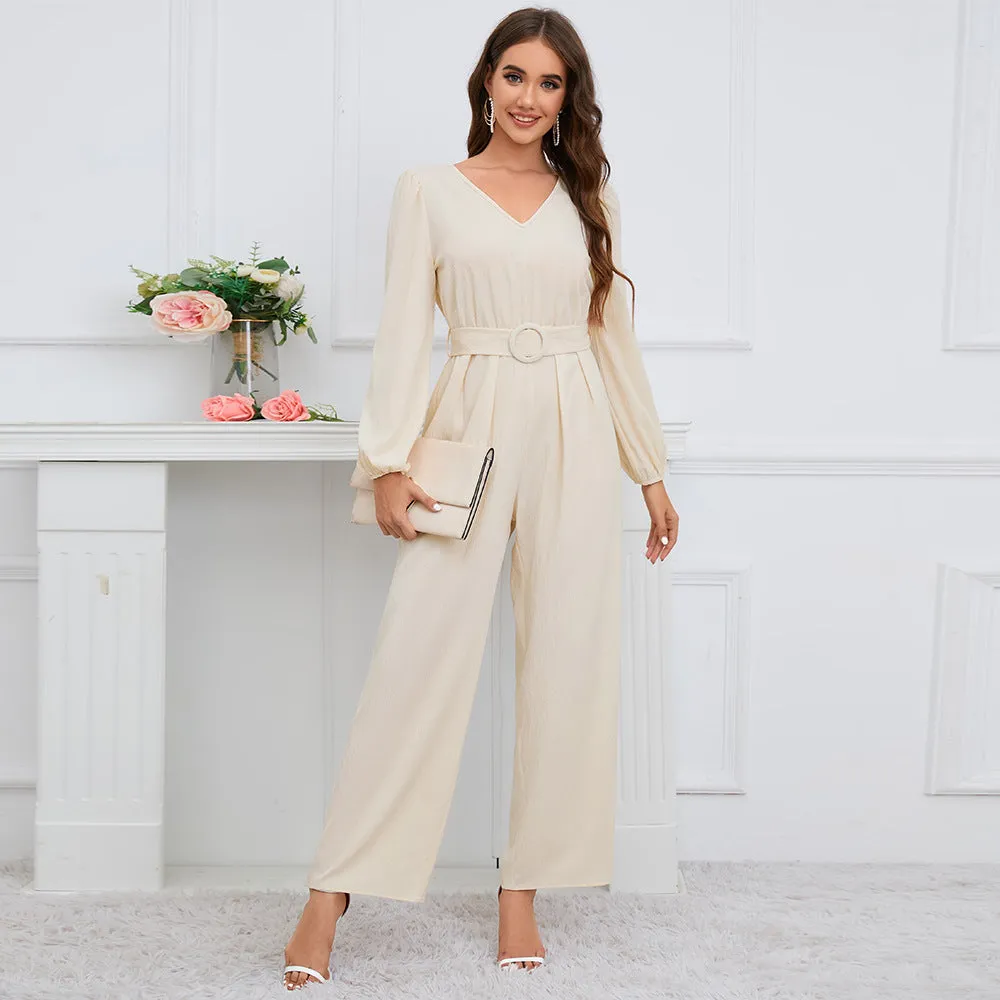 Casual Solid Color V-neck Long Sleeve Slim-fit Jumpsuit