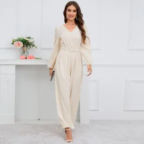 Casual Solid Color V-neck Long Sleeve Slim-fit Jumpsuit