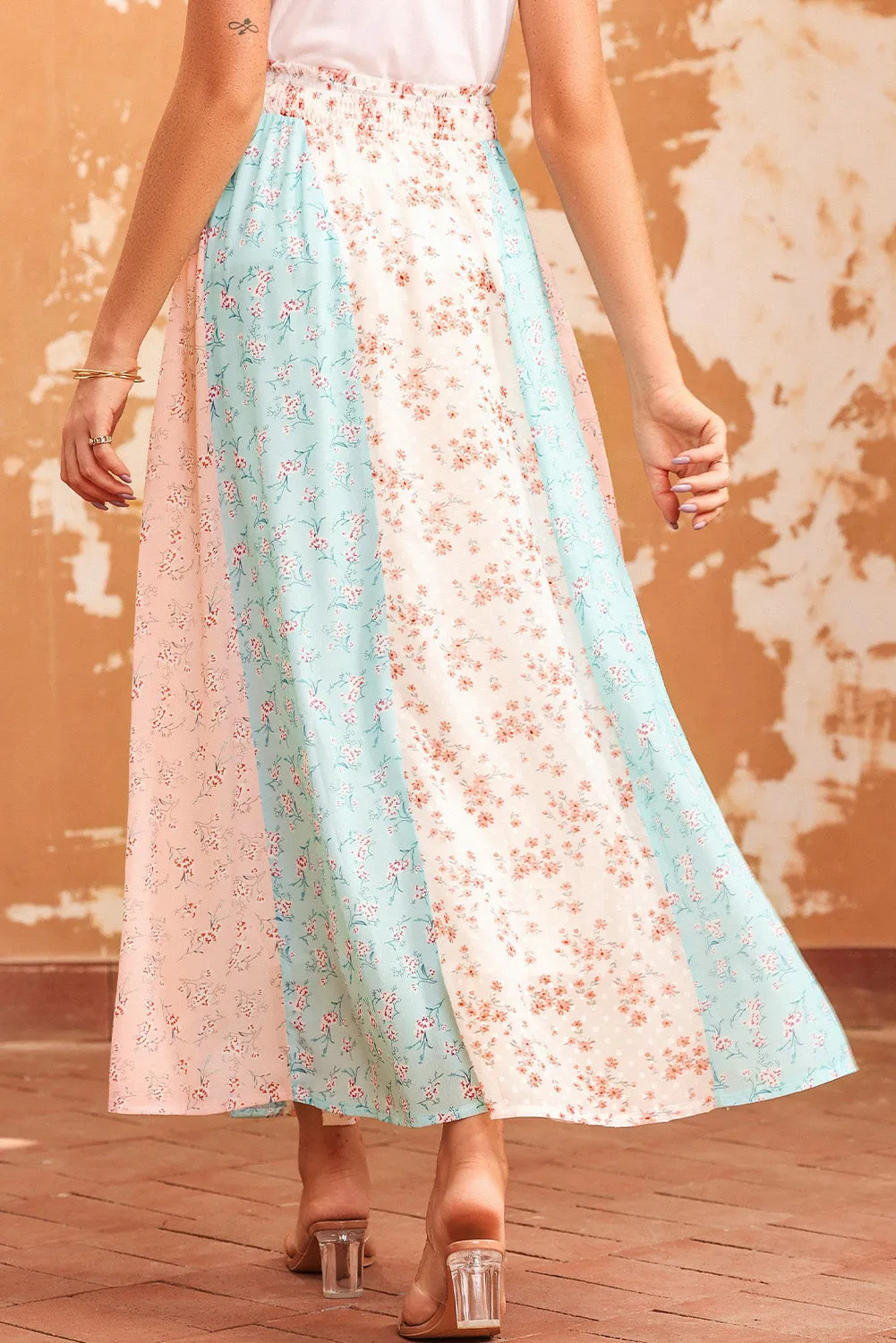 Countryside Floral Color Block Smocked Waist Maxi Skirt