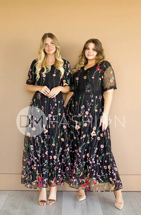 Diana Embroidered Black Floral Dress - DM Exclusive