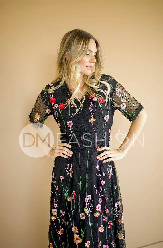 Diana Embroidered Black Floral Dress - DM Exclusive