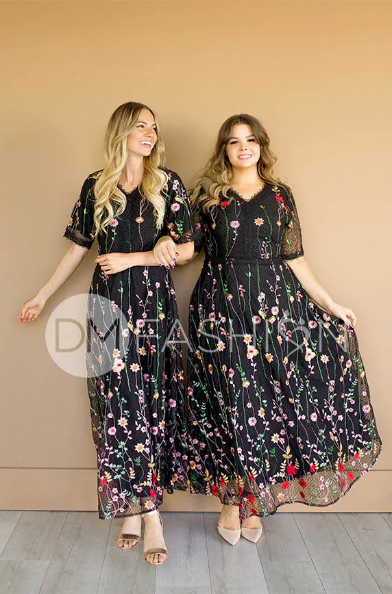 Diana Embroidered Black Floral Dress - DM Exclusive