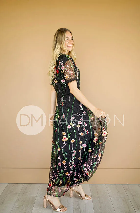 Diana Embroidered Black Floral Dress - DM Exclusive