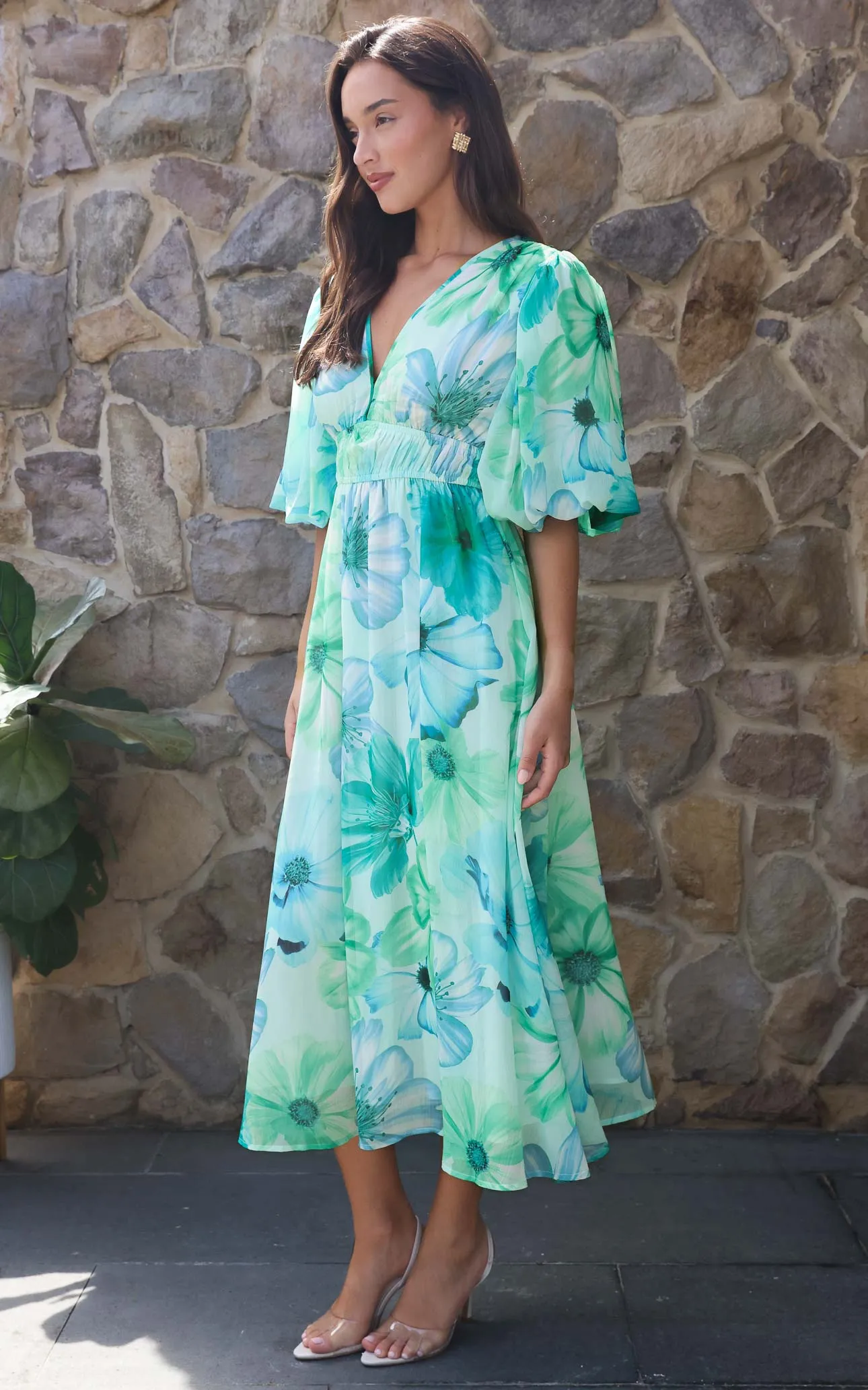 Diana Short Sleeve Maxi Dress - Green Blue Floral