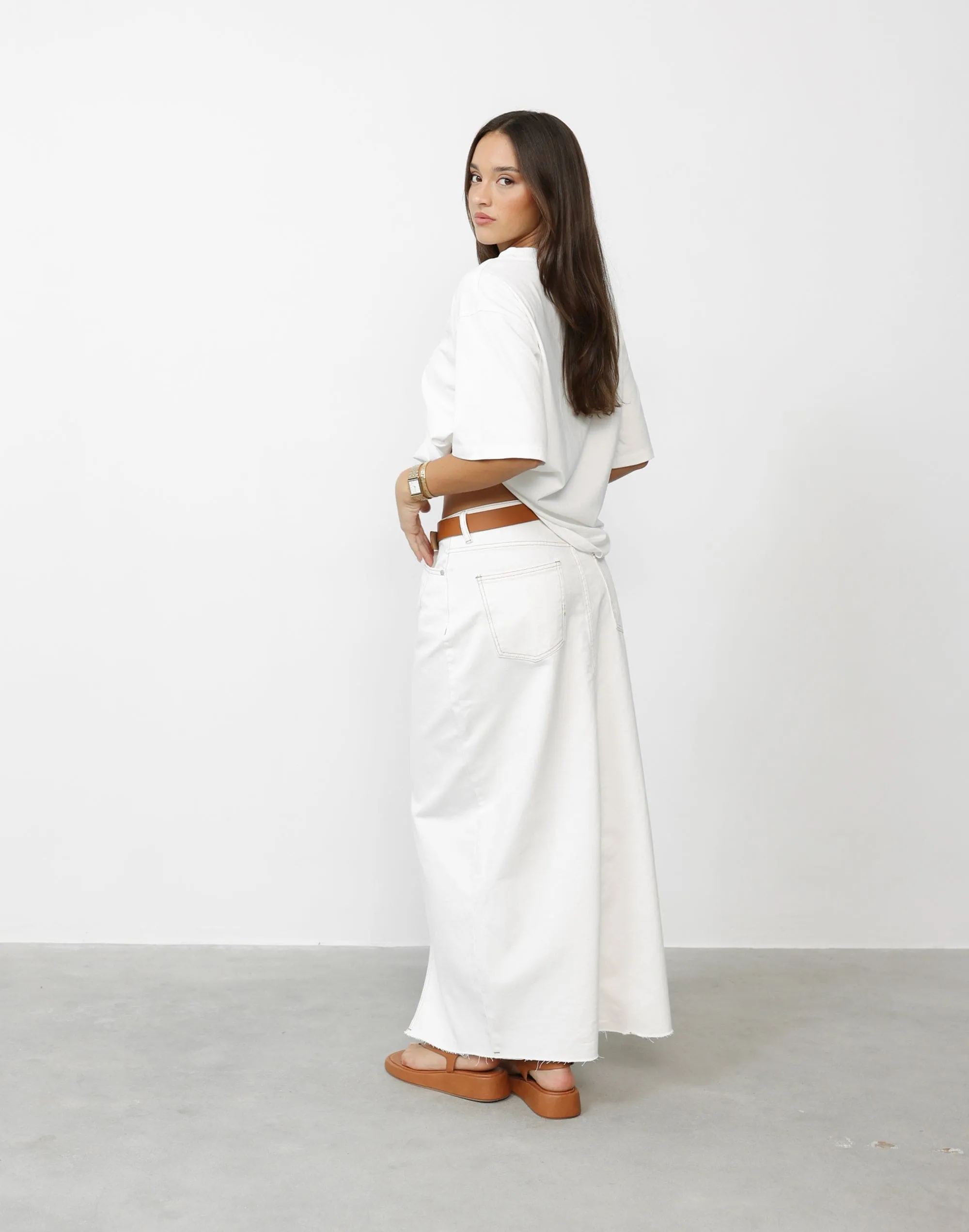 Drew Denim Midi Skirt (Off White)