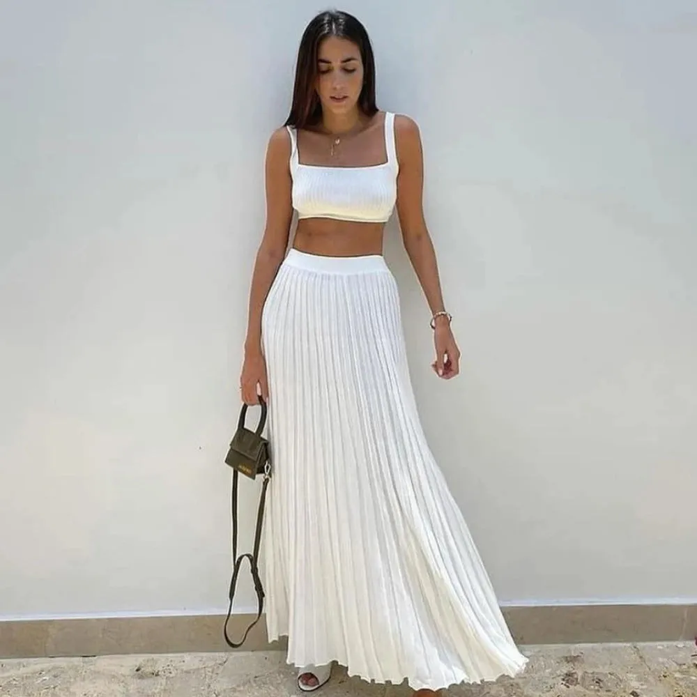 Elegant Knitted Skirt Set Women Crop Top and Maxi Skirt Outfits Summer Casual Solid Bohemia Holiday Beach Two Piece Set