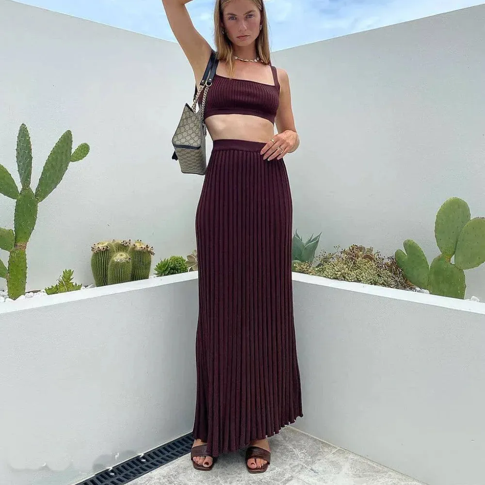 Elegant Knitted Skirt Set Women Crop Top and Maxi Skirt Outfits Summer Casual Solid Bohemia Holiday Beach Two Piece Set