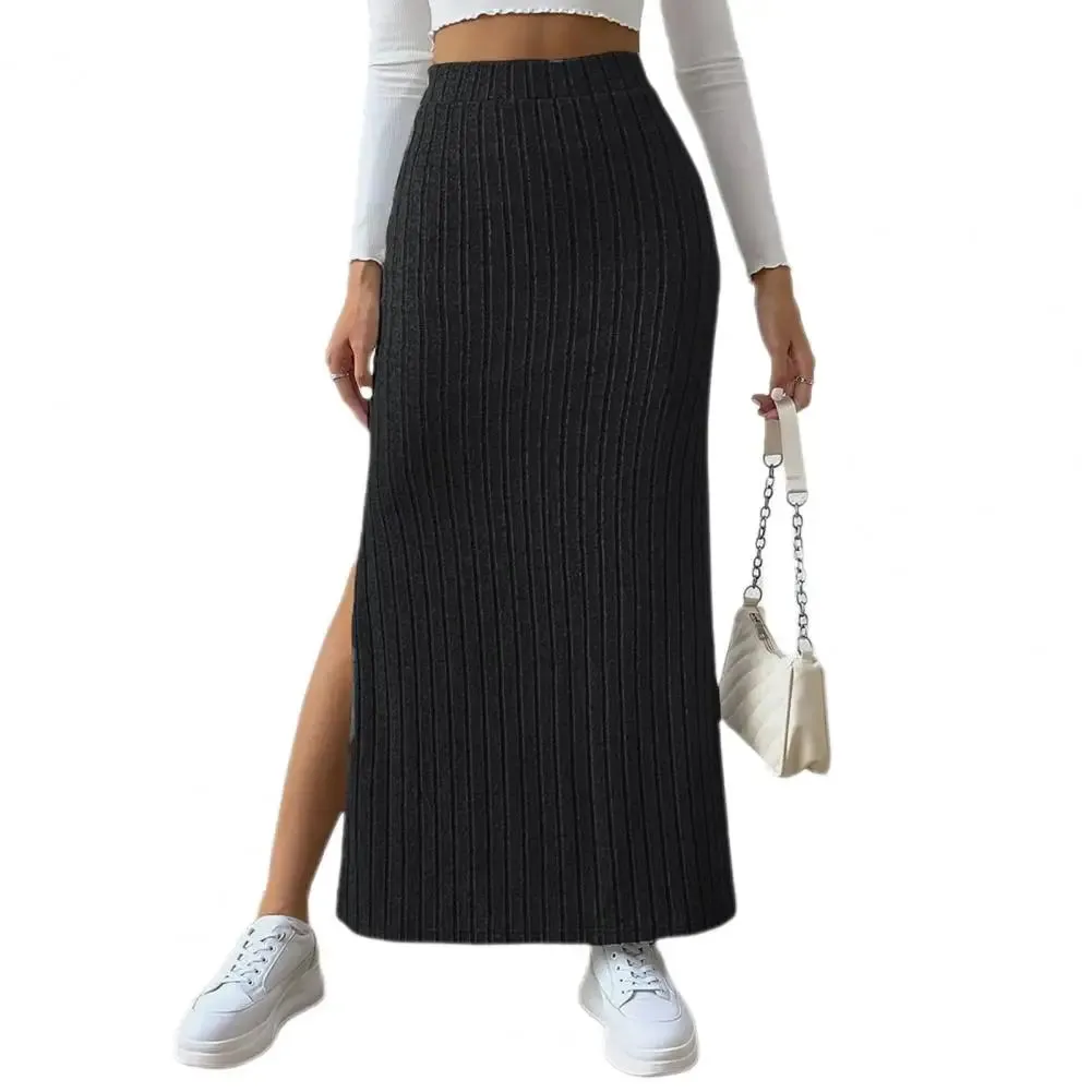 Elegant Maxi Ribbed High Waist Side Slit Slim Skirt