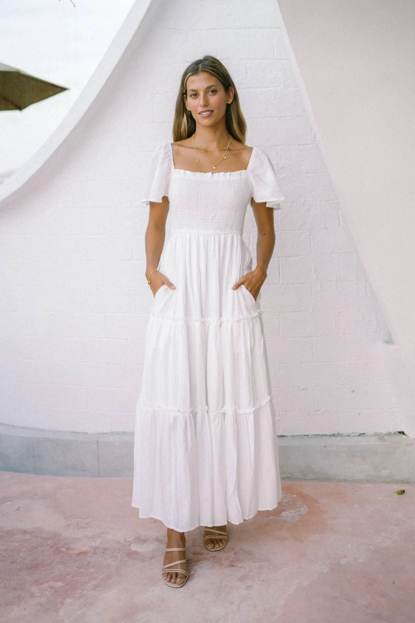 Eleyna White Stripe Tiered Maxi Dress