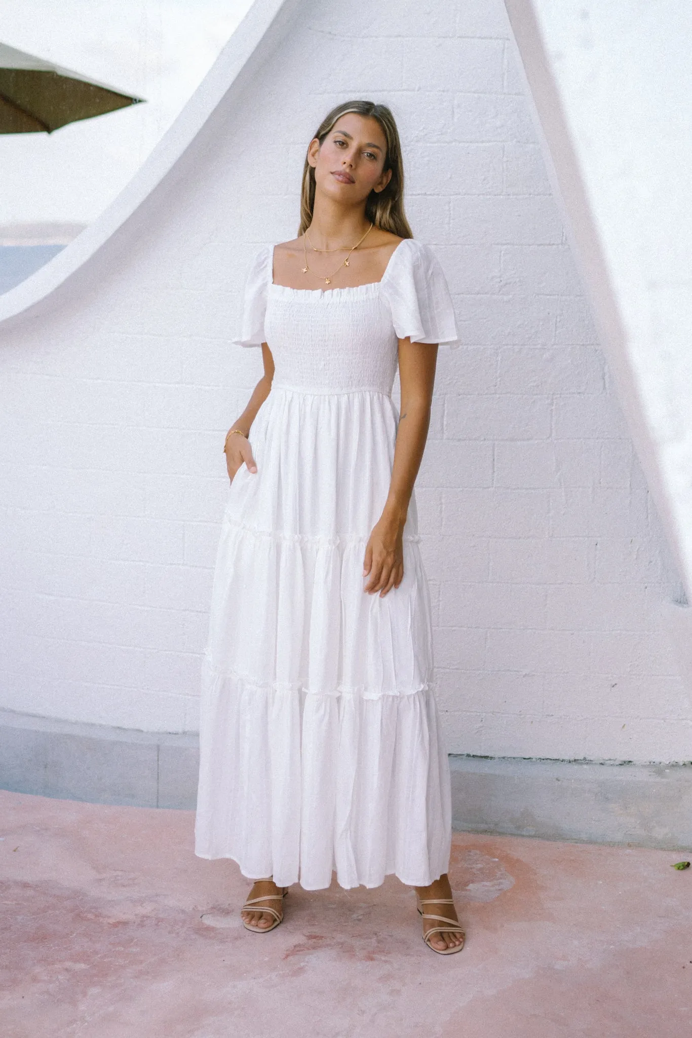 Eleyna White Stripe Tiered Maxi Dress