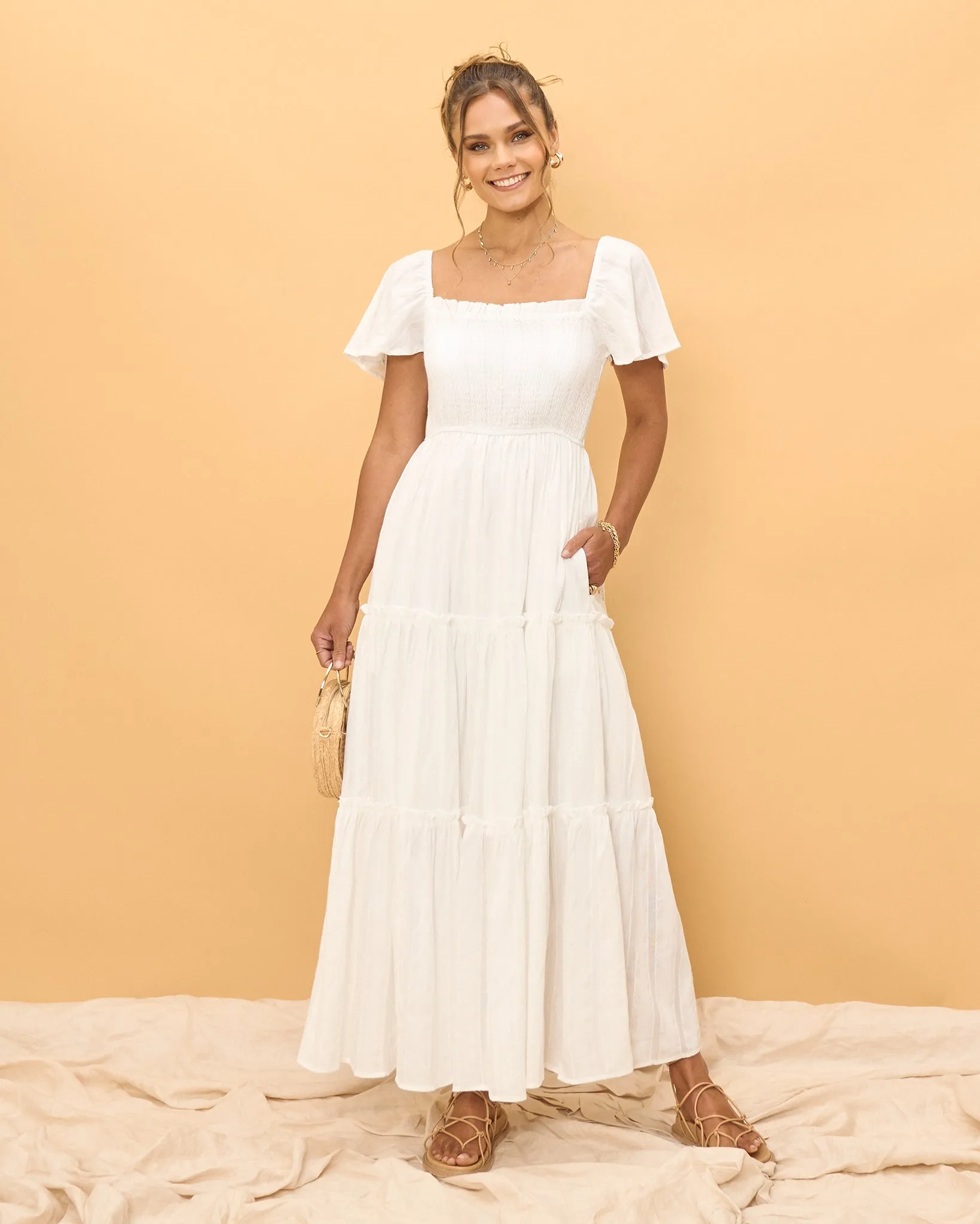 Eleyna White Stripe Tiered Maxi Dress