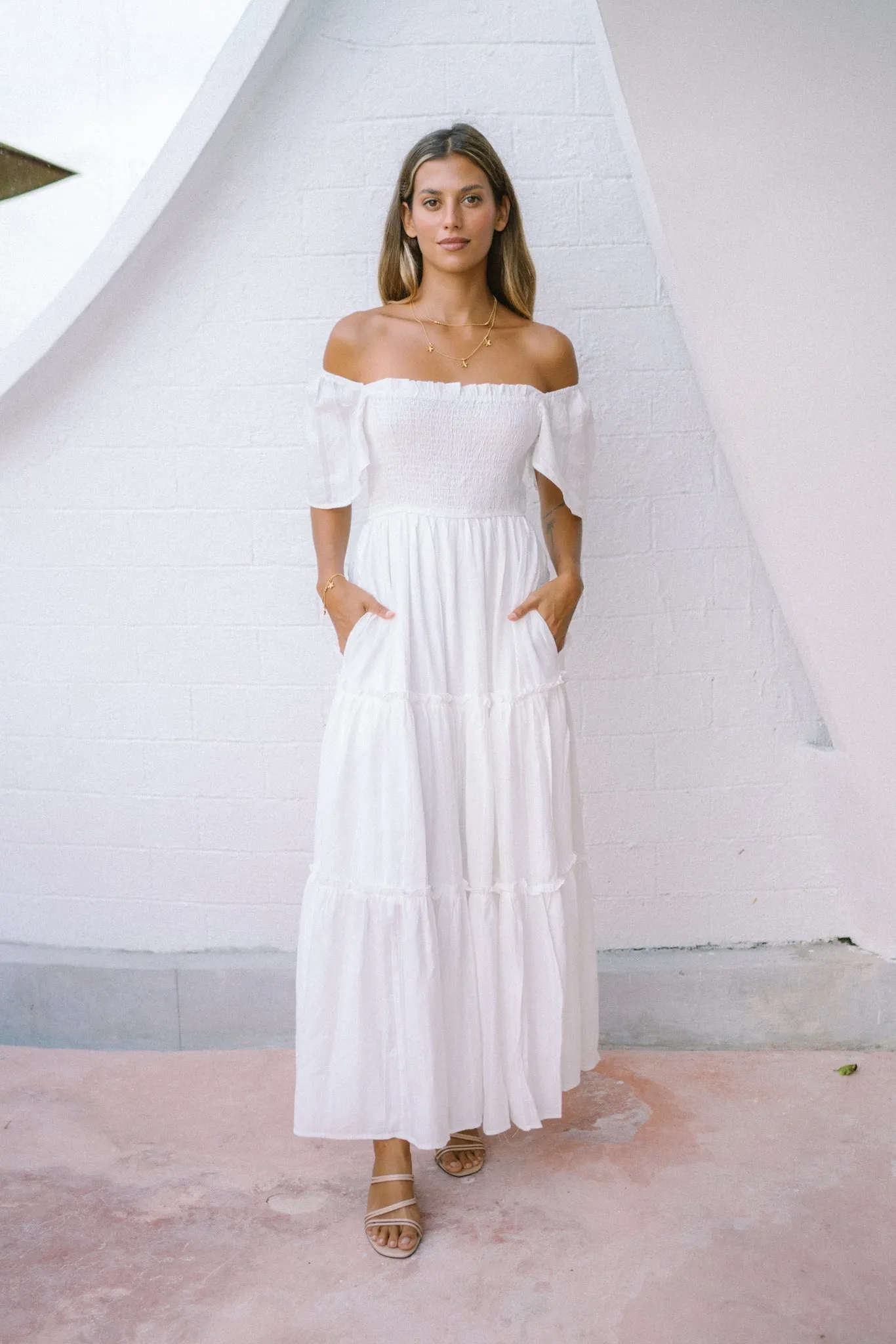 Eleyna White Stripe Tiered Maxi Dress