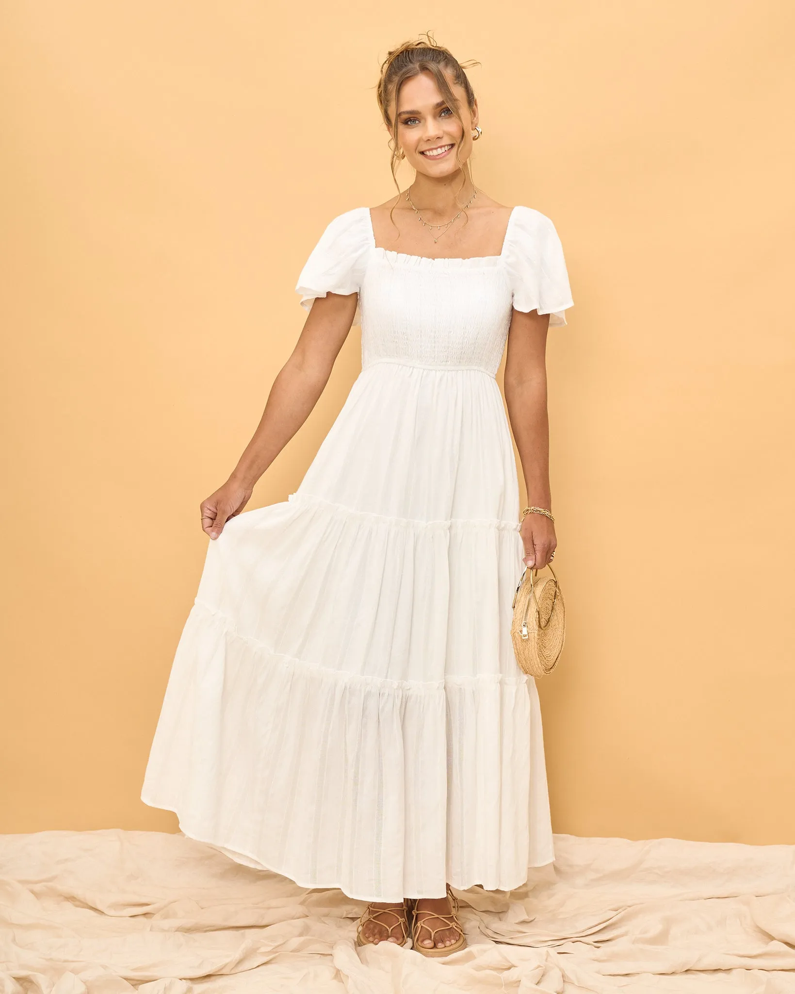 Eleyna White Stripe Tiered Maxi Dress