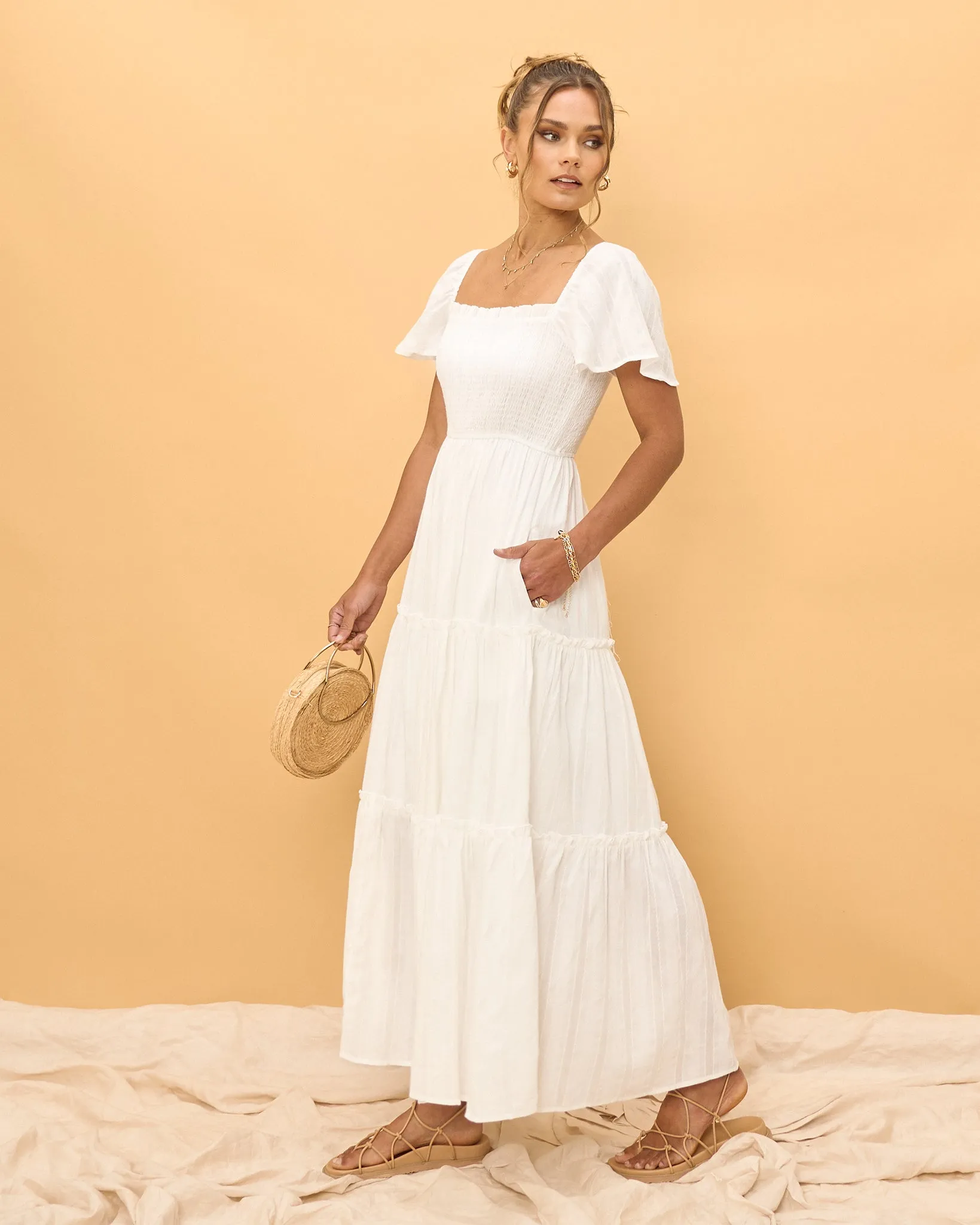 Eleyna White Stripe Tiered Maxi Dress