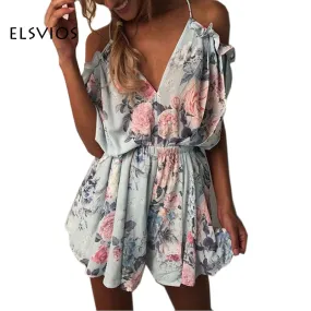 ELSVIOS Women Rompers print  lace Jumpsuit Summer Short pleated Overalls Jumpsuit Female chest wrapped strapless Playsuit