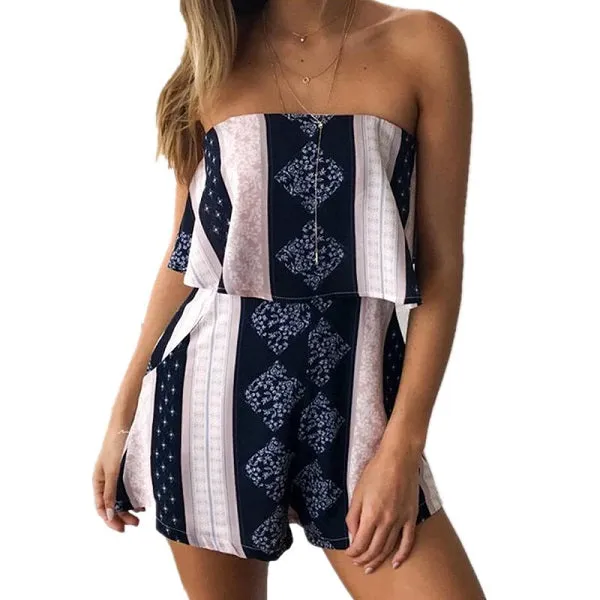 ELSVIOS Women Rompers print  lace Jumpsuit Summer Short pleated Overalls Jumpsuit Female chest wrapped strapless Playsuit