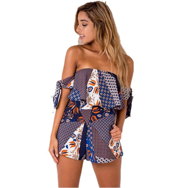 ELSVIOS Women Rompers print  lace Jumpsuit Summer Short pleated Overalls Jumpsuit Female chest wrapped strapless Playsuit