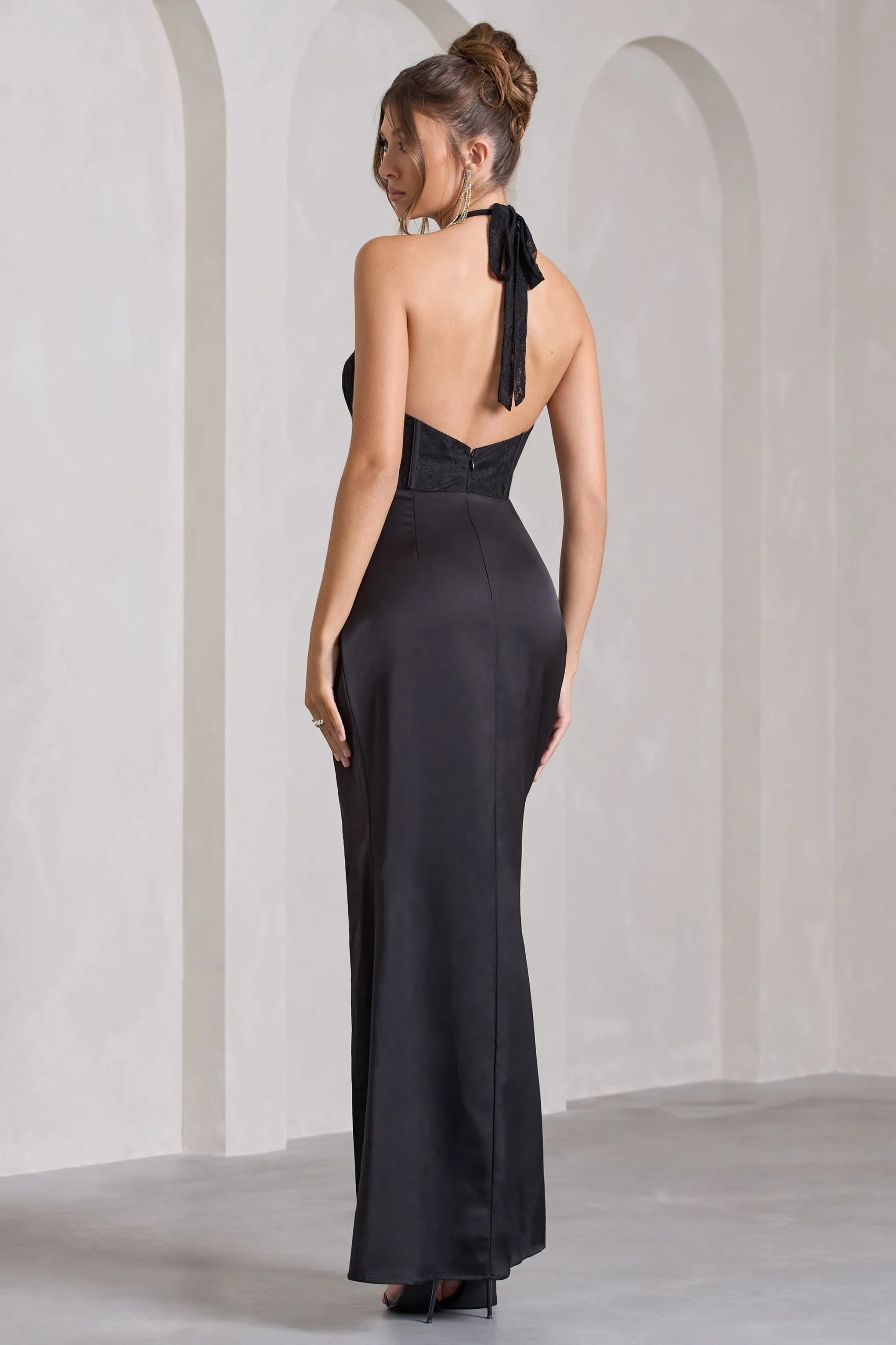 Evalina | Black High-Neck Open-Back Panelled Split Maxi Dress