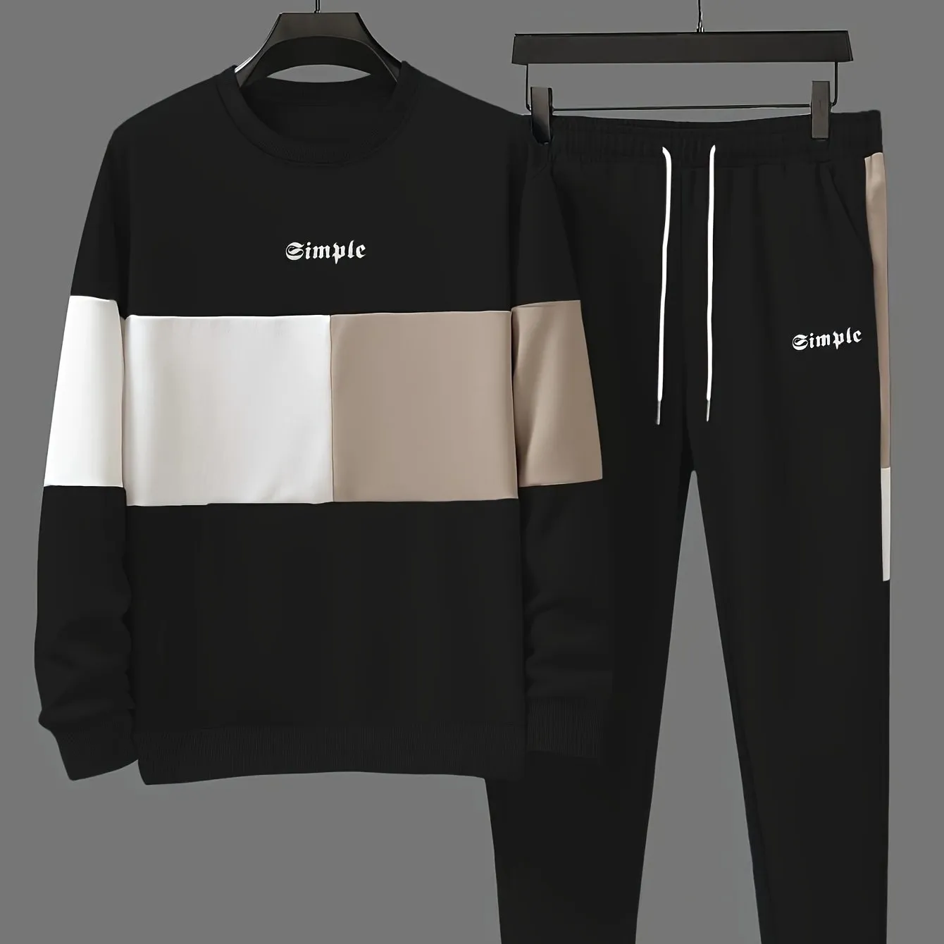 Fall Mens Outfits Men's Color Block 2Pcs Outfits, Casual Crew Neck Long Sleeve Sweatshirt And Sweatpants Joggers Set For Winter Fall, Men's Clothing