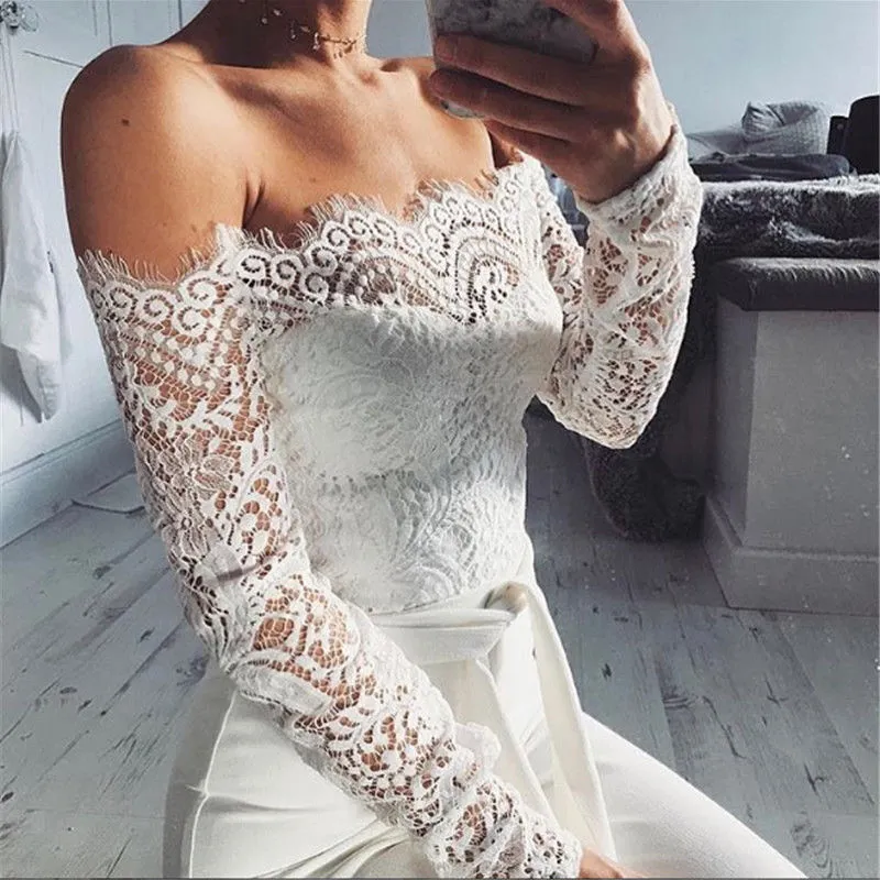 Fancy summer fall off shoulder playsuit jumpsuit long sleeve sheer lace patchwork hollow bandage skinny Outfit set