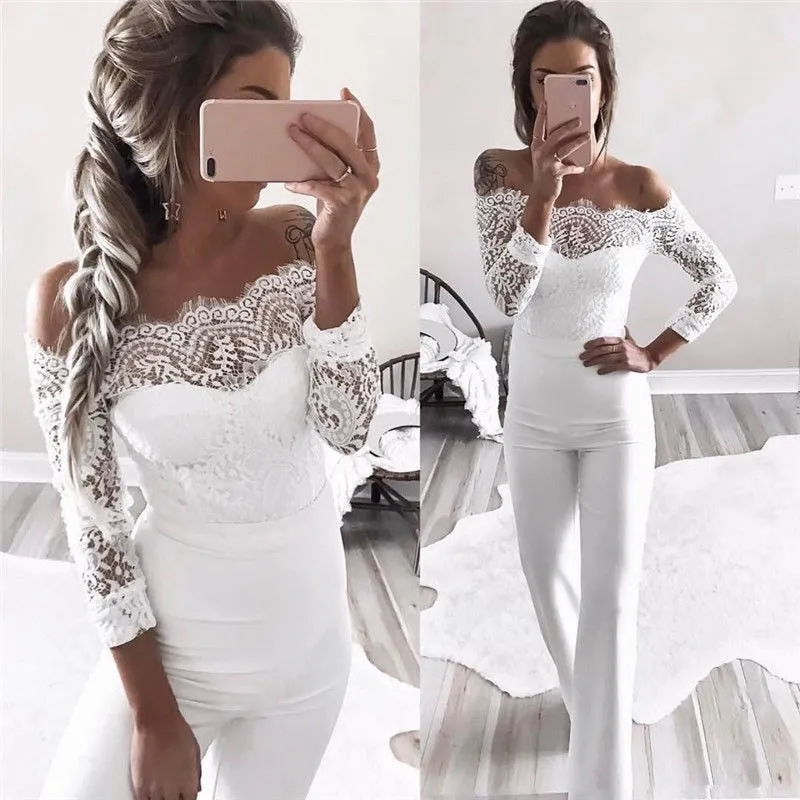 Fancy summer fall off shoulder playsuit jumpsuit long sleeve sheer lace patchwork hollow bandage skinny Outfit set