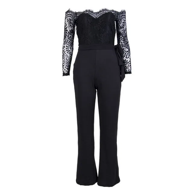 Fancy summer fall off shoulder playsuit jumpsuit long sleeve sheer lace patchwork hollow bandage skinny Outfit set