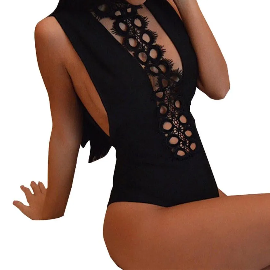 Fashion Rompers womens jumpsuit	 2017 Women Sexy Lace Backless Jumpsuit bandage bodysuit overalls Swimsuit Bodysuit