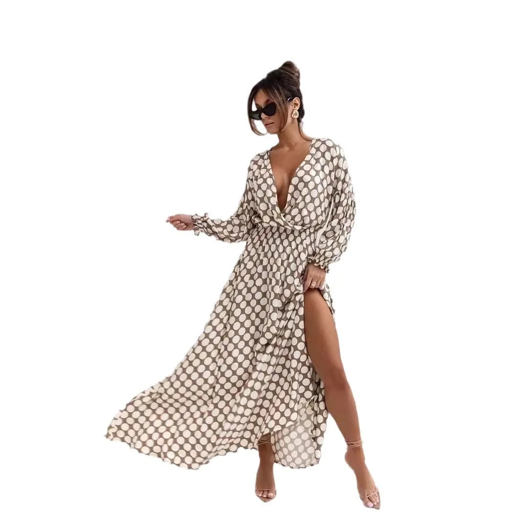 Fashionkova church outfit 2024 Floral Bohemian Dress Wrap V-neck Long Sleeve Split Hem A- line Elegant Maxi Dress for Women