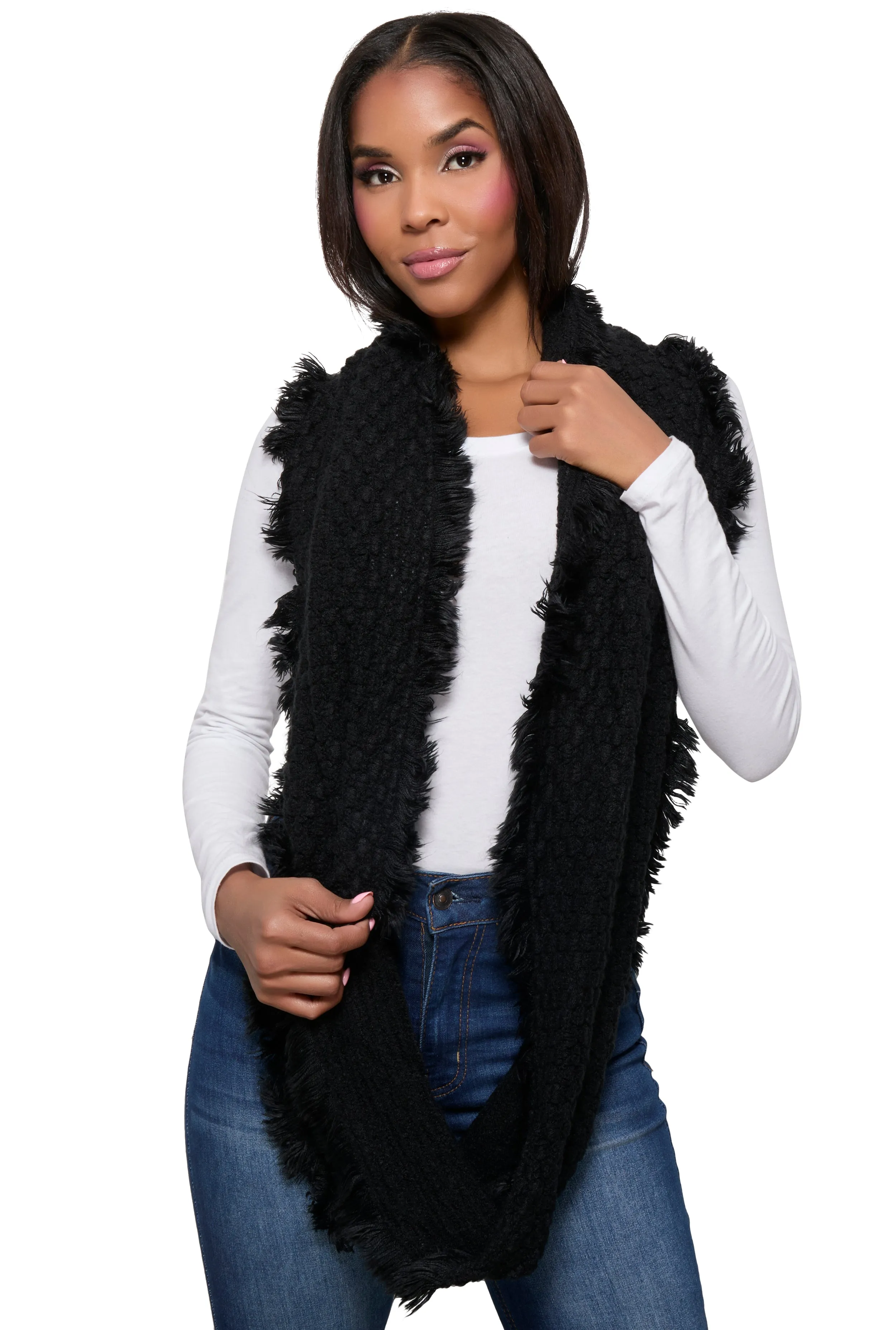 Faux Fur Frayed Trim Infinity Scarf