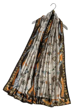 Feather & Floral Print Silk Scarf - Brown