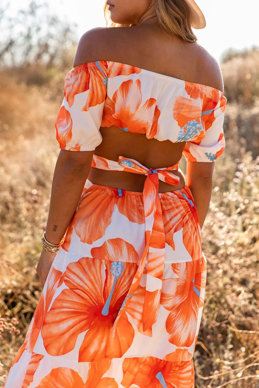 Floral Print Off Shoulder Backless Maxi Dress