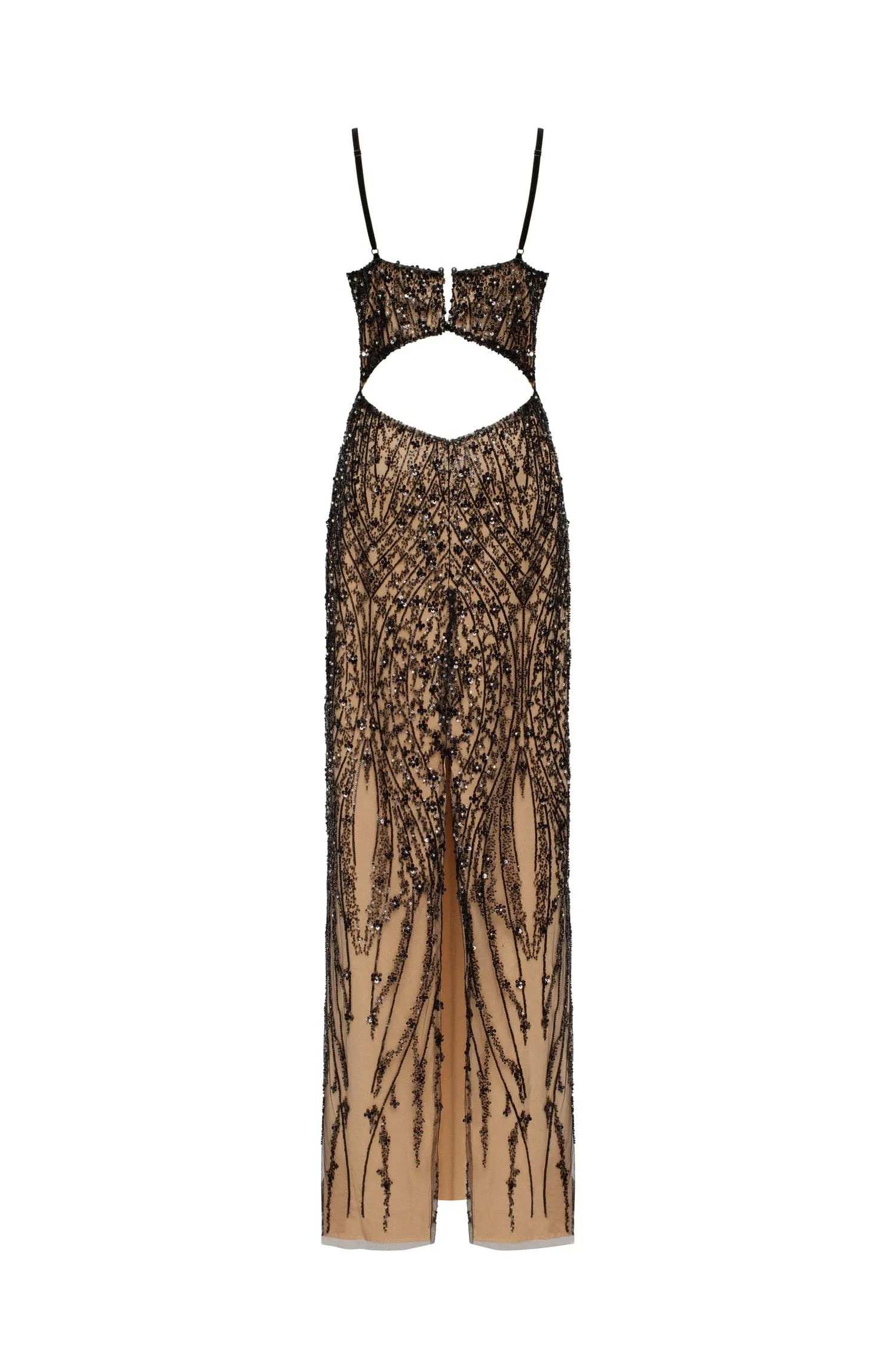 Gala-worthy beige maxi dress covered in black sequined ornament, Smoky Quartz