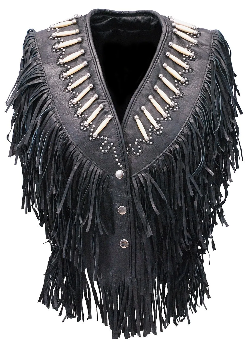 Genuine Bone Studded Fringe Leather Vest #VL4253FBSK ()