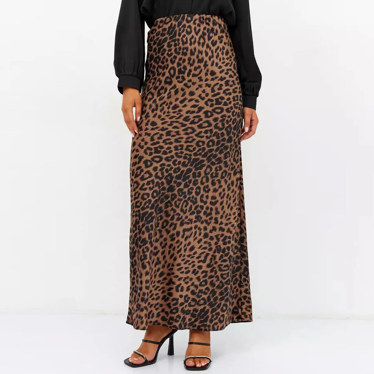 Girlary-shop outfit ideas Satin Skirt Sexy Leopard Print Maxi Skirt High Waist Elastic Silky Maxi Skirt