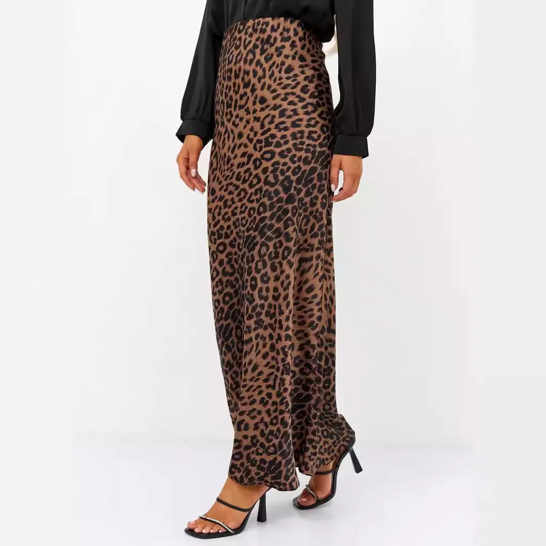 Girlary-shop outfit ideas Satin Skirt Sexy Leopard Print Maxi Skirt High Waist Elastic Silky Maxi Skirt