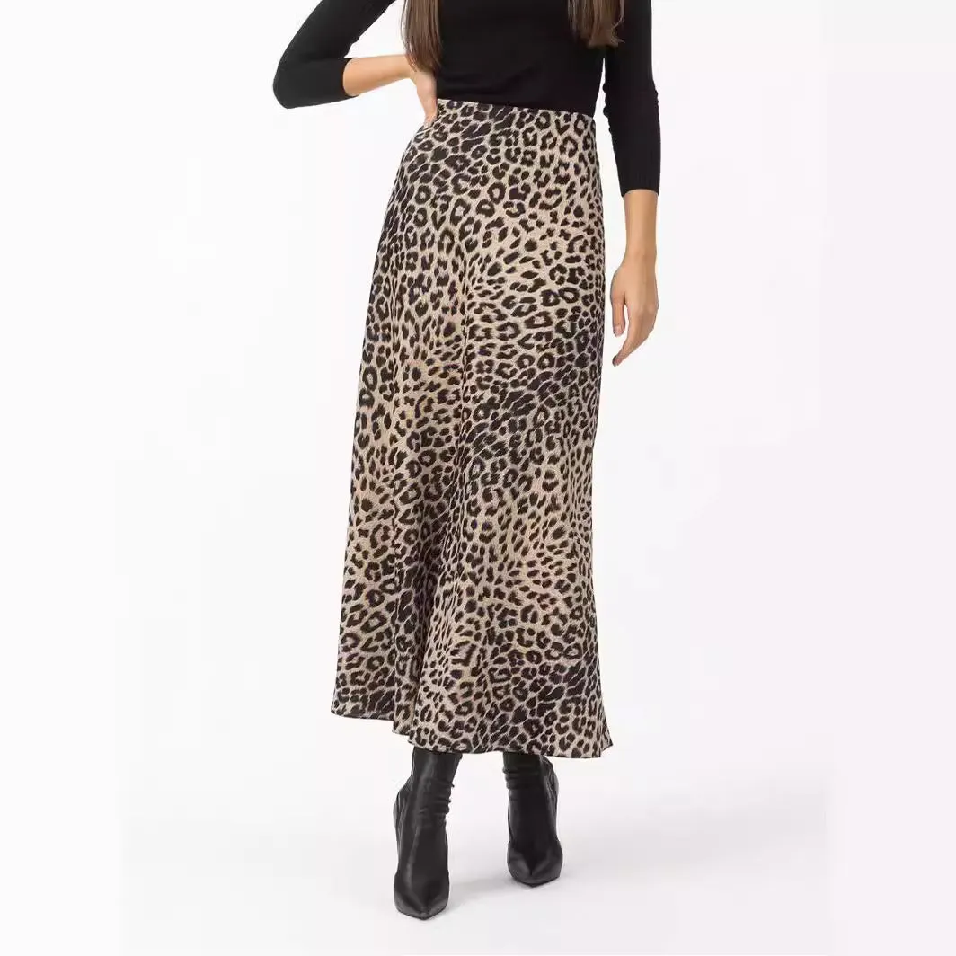 Girlary-shop outfit ideas Satin Skirt Sexy Leopard Print Maxi Skirt High Waist Elastic Silky Maxi Skirt