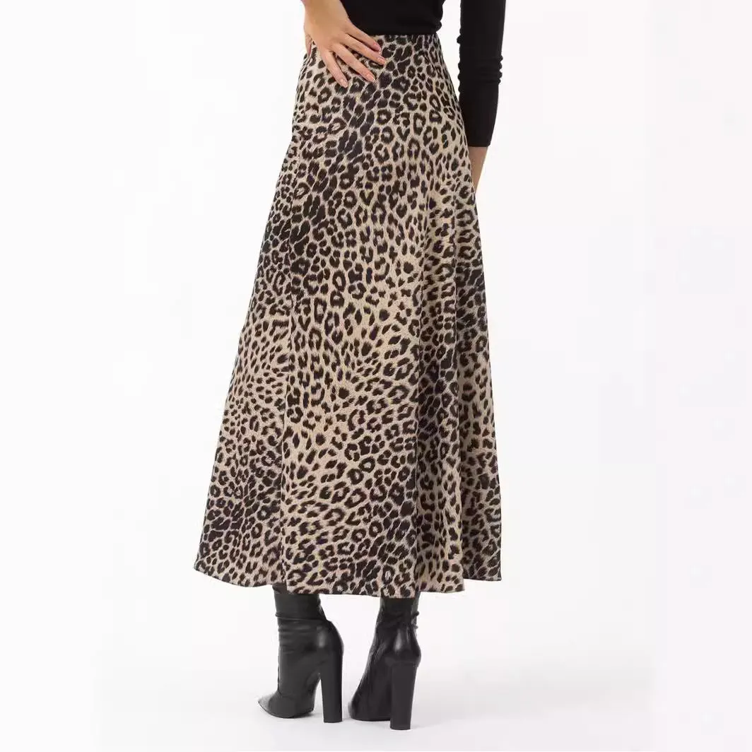 Girlary-shop outfit ideas Satin Skirt Sexy Leopard Print Maxi Skirt High Waist Elastic Silky Maxi Skirt