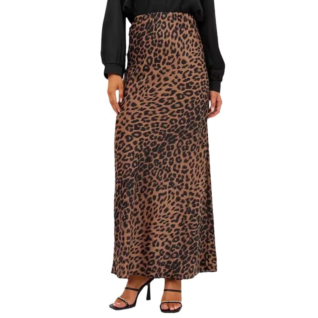 Girlary-shop outfit ideas Satin Skirt Sexy Leopard Print Maxi Skirt High Waist Elastic Silky Maxi Skirt