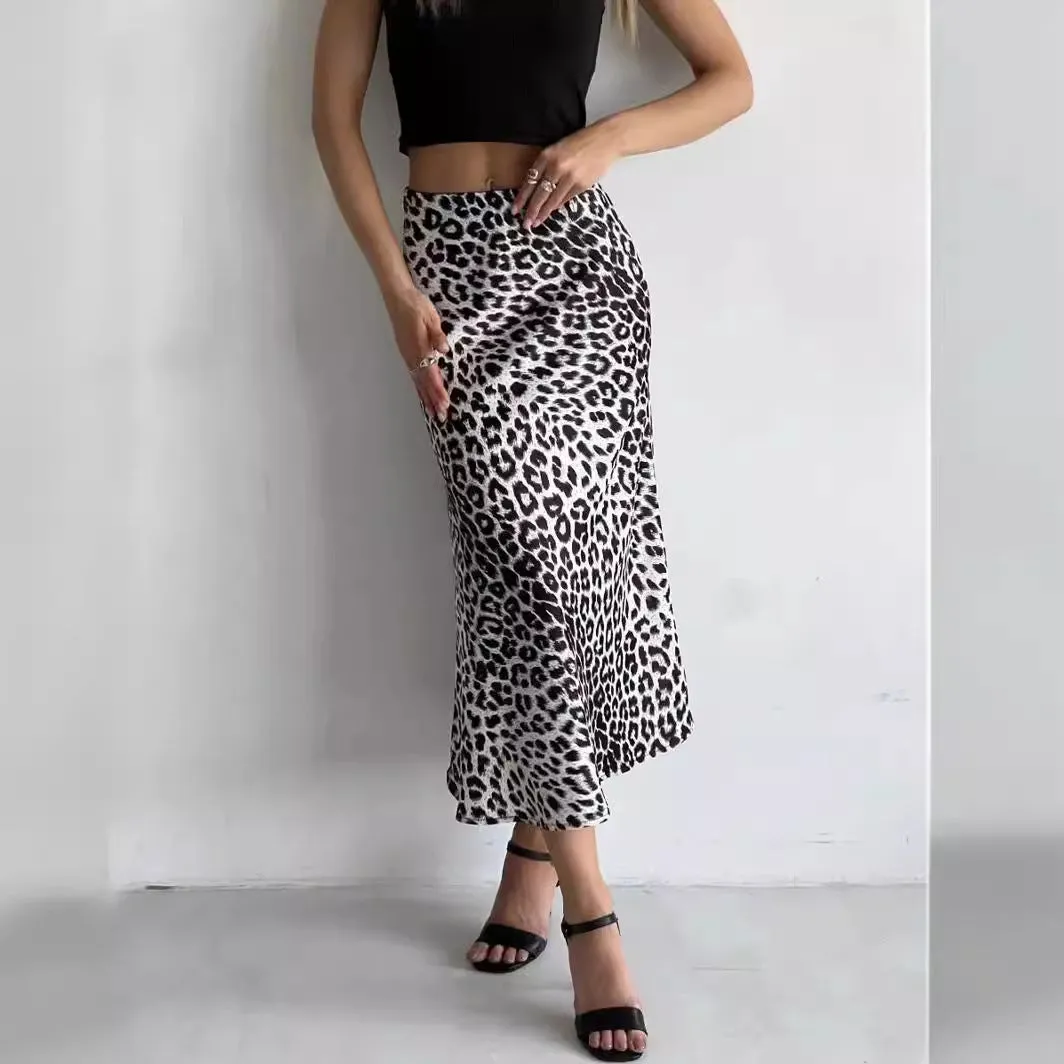 Girlary-shop outfit ideas Satin Skirt Sexy Leopard Print Maxi Skirt High Waist Elastic Silky Maxi Skirt