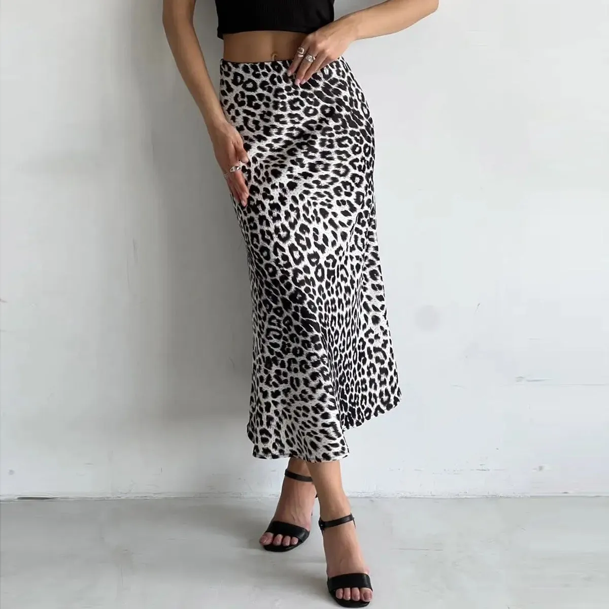 Girlary-shop outfit ideas Satin Skirt Sexy Leopard Print Maxi Skirt High Waist Elastic Silky Maxi Skirt